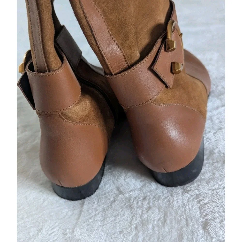 Anthropologie Tall Boots Brown Leather Suede Buckle 40 Equestrian Quiet Luxury